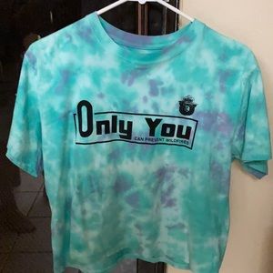 Tie dye “only you can prevent wildfires” cropped woman’s tee